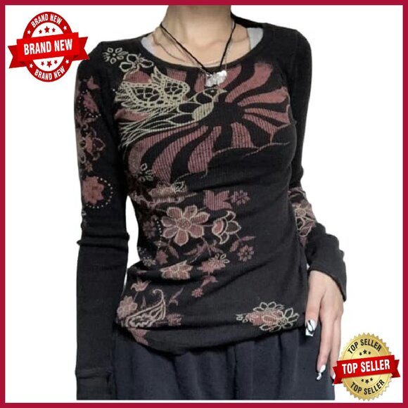 Y2K Fairy Grunge Graphic Long Sleeve Tee Polyester Crop Top - Picture 2 of 7